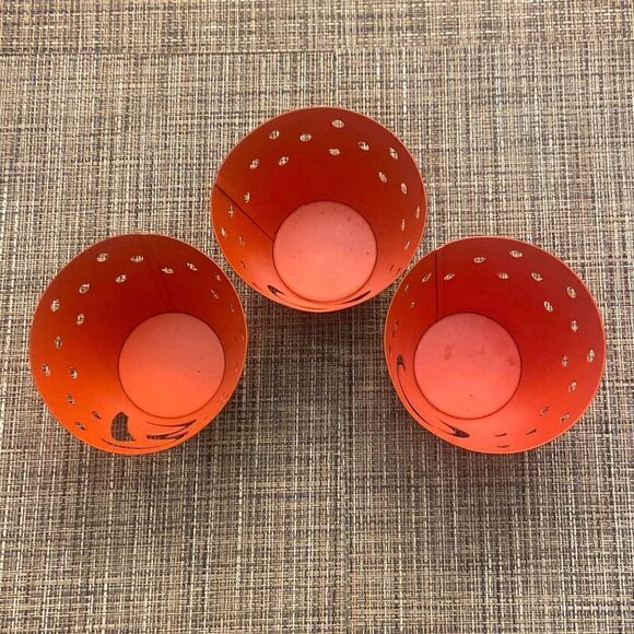 Halloween Set of 3 Metal Hallmark BOO Tea Light Candle Holders Orange and Black - Picture 3 of 7
